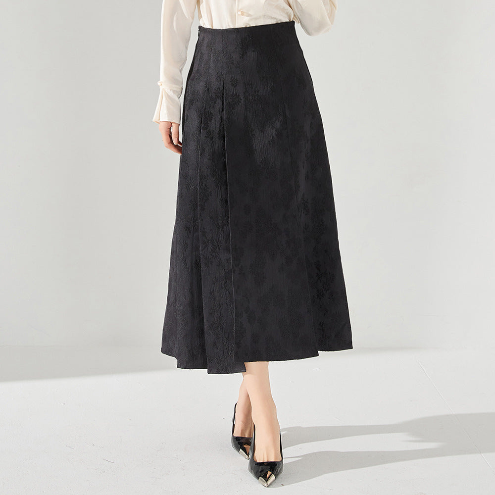 Women's A-Line Skirt - High Waist - Mid-Calf Length - Elegant Jacquard Pattern
