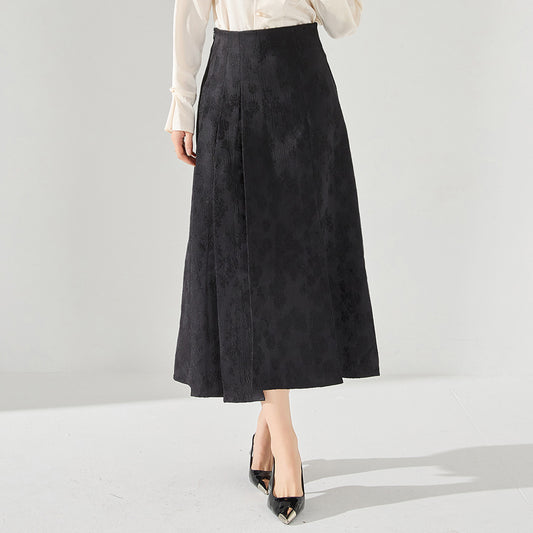 Women's A-Line Skirt - High Waist - Mid-Calf Length - Elegant Jacquard Pattern