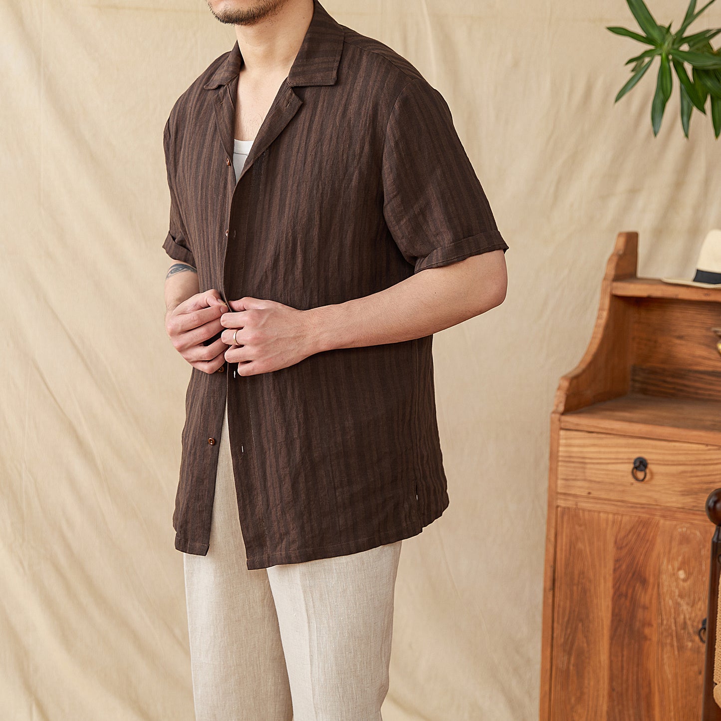 Men’s Short Sleeve Shirt - Relaxed Fit - Cotton Blend - Vertical Stripe - Camp Collar