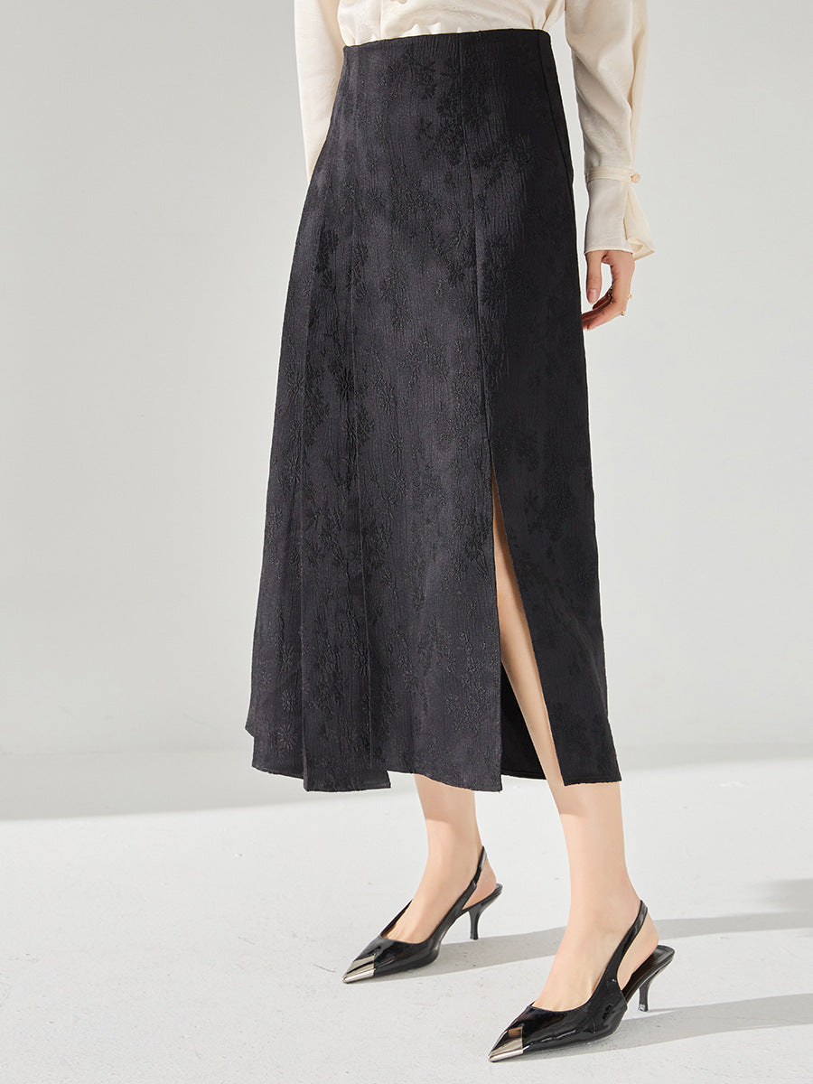 Women's A-Line Skirt - High Waist - Mid-Calf Length - Elegant Jacquard Pattern