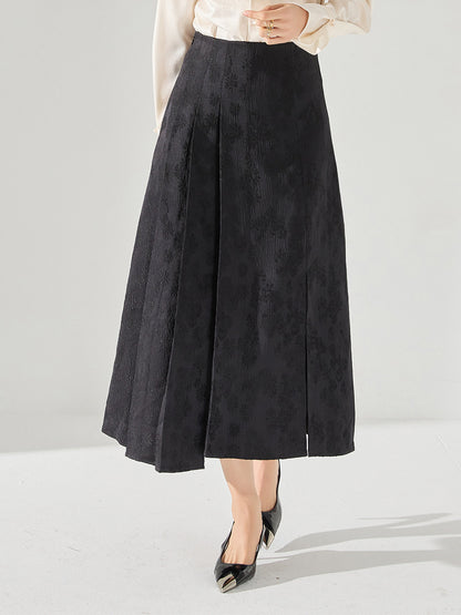 Women's A-Line Skirt - High Waist - Mid-Calf Length - Elegant Jacquard Pattern