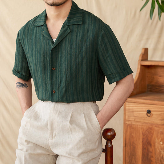 Men’s Short Sleeve Shirt - Relaxed Fit - Cotton Blend - Vertical Stripe - Camp Collar