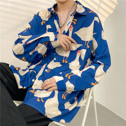 Men’s Button-Up Shirt - Relaxed Fit - Long Sleeve - Whimsical Duck Print