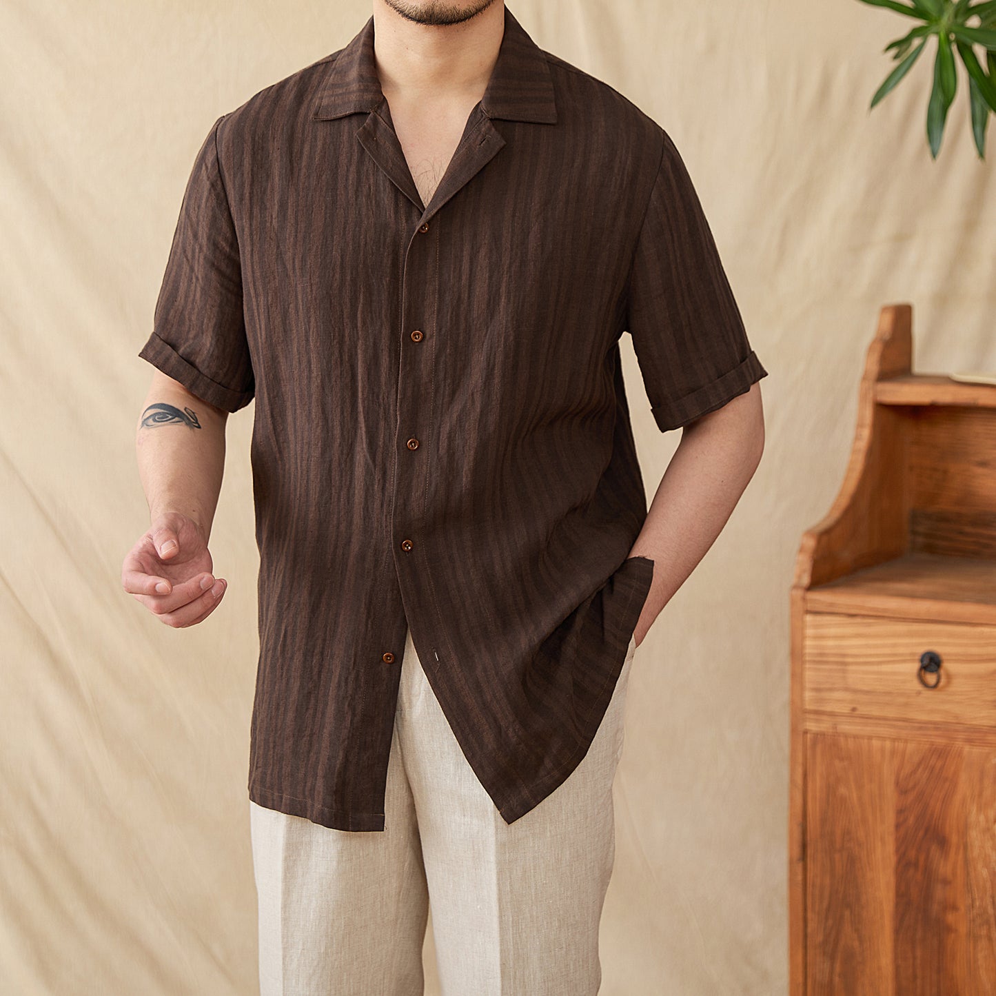 Men’s Short Sleeve Shirt - Relaxed Fit - Cotton Blend - Vertical Stripe - Camp Collar