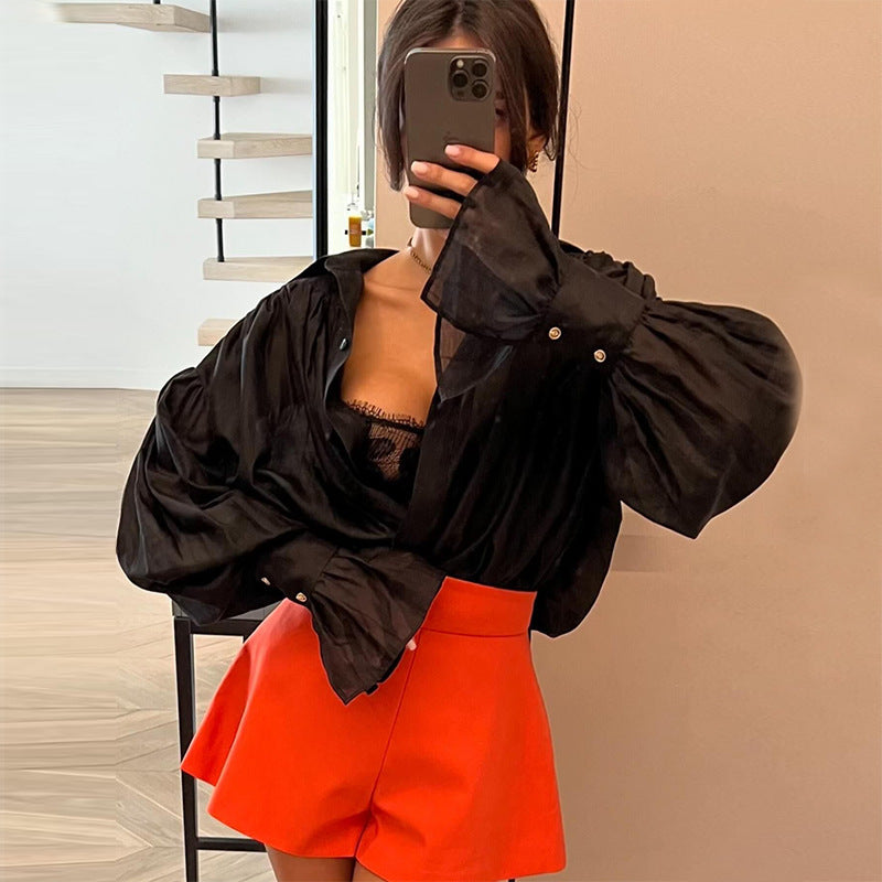 Women's Blouse - Deep V-Neck - Loose Fit - Voluminous Sleeves - Lace Detail