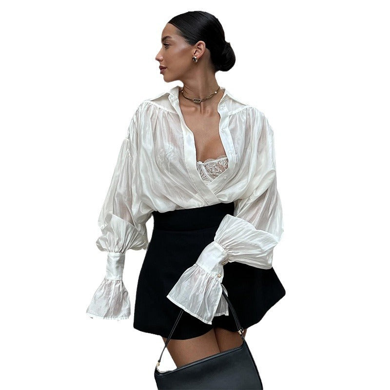 Women's Blouse - Deep V-Neck - Loose Fit - Voluminous Sleeves - Lace Detail