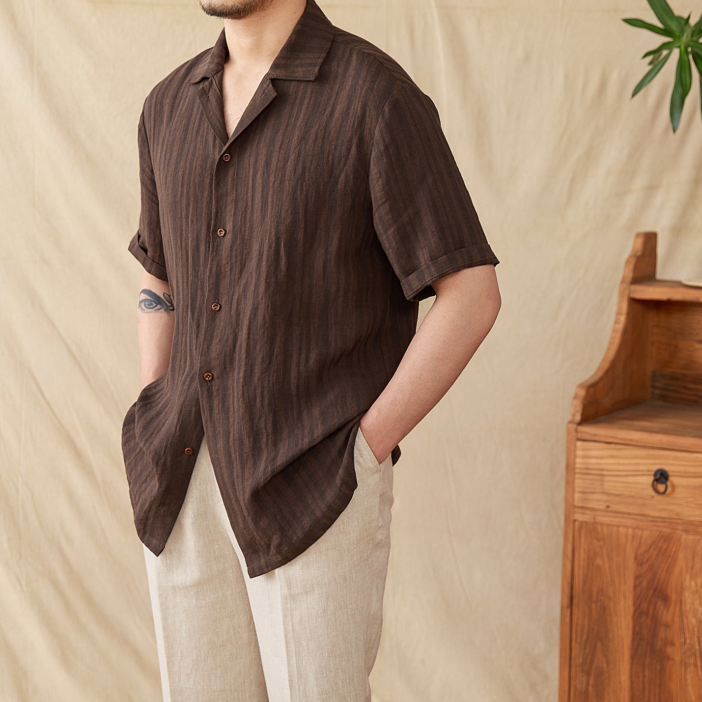 Men’s Short Sleeve Shirt - Relaxed Fit - Cotton Blend - Vertical Stripe - Camp Collar