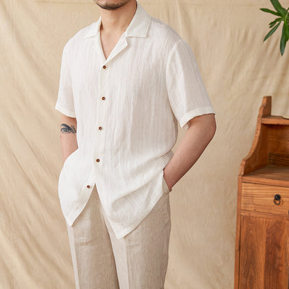 Men’s Short Sleeve Shirt - Relaxed Fit - Cotton Blend - Vertical Stripe - Camp Collar