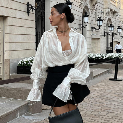 Women's Blouse - Deep V-Neck - Loose Fit - Voluminous Sleeves - Lace Detail