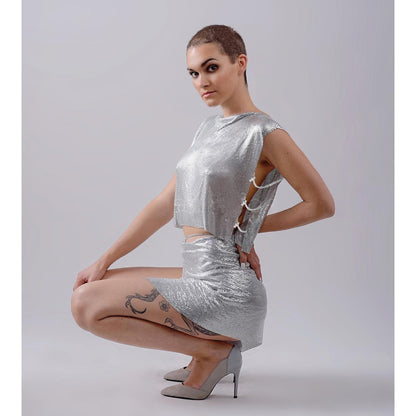 Women’s Crop Top – Metallic Sequin – Sleeveless Wide Shoulder – Loose Fit Party Wear