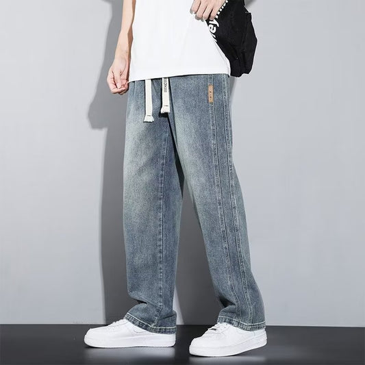 Men’s Wide-Leg Jeans – Mid-Rise Fit – Adjustable Drawstring Waist – Casual Denim Style