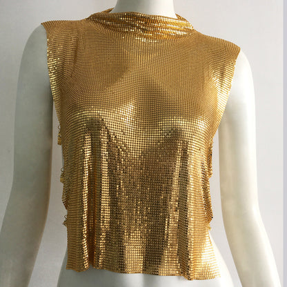 Women’s Crop Top – Metallic Sequin – Sleeveless Wide Shoulder – Loose Fit Party Wear