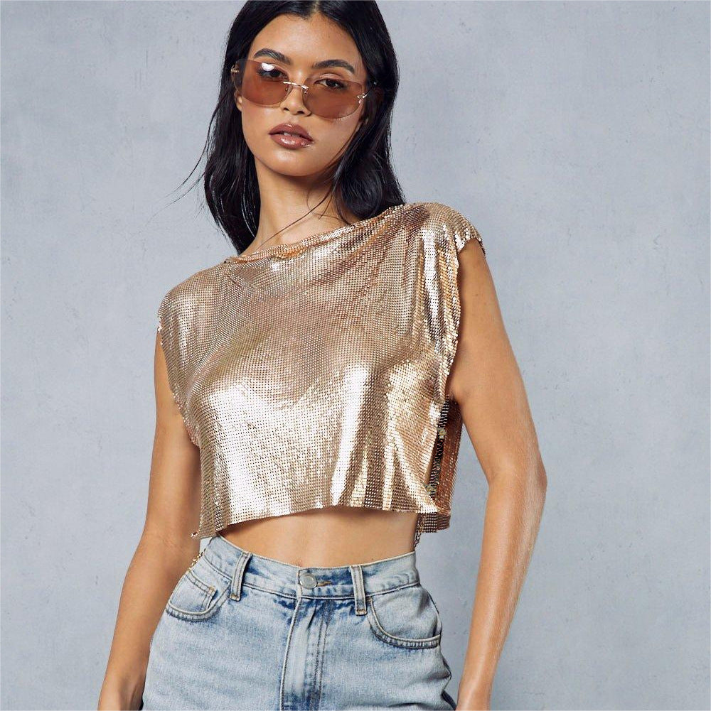 Women’s Crop Top – Metallic Sequin – Sleeveless Wide Shoulder – Loose Fit Party Wear