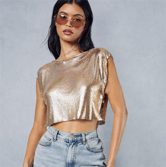 Women’s Crop Top – Metallic Sequin – Sleeveless Wide Shoulder – Loose Fit Party Wear