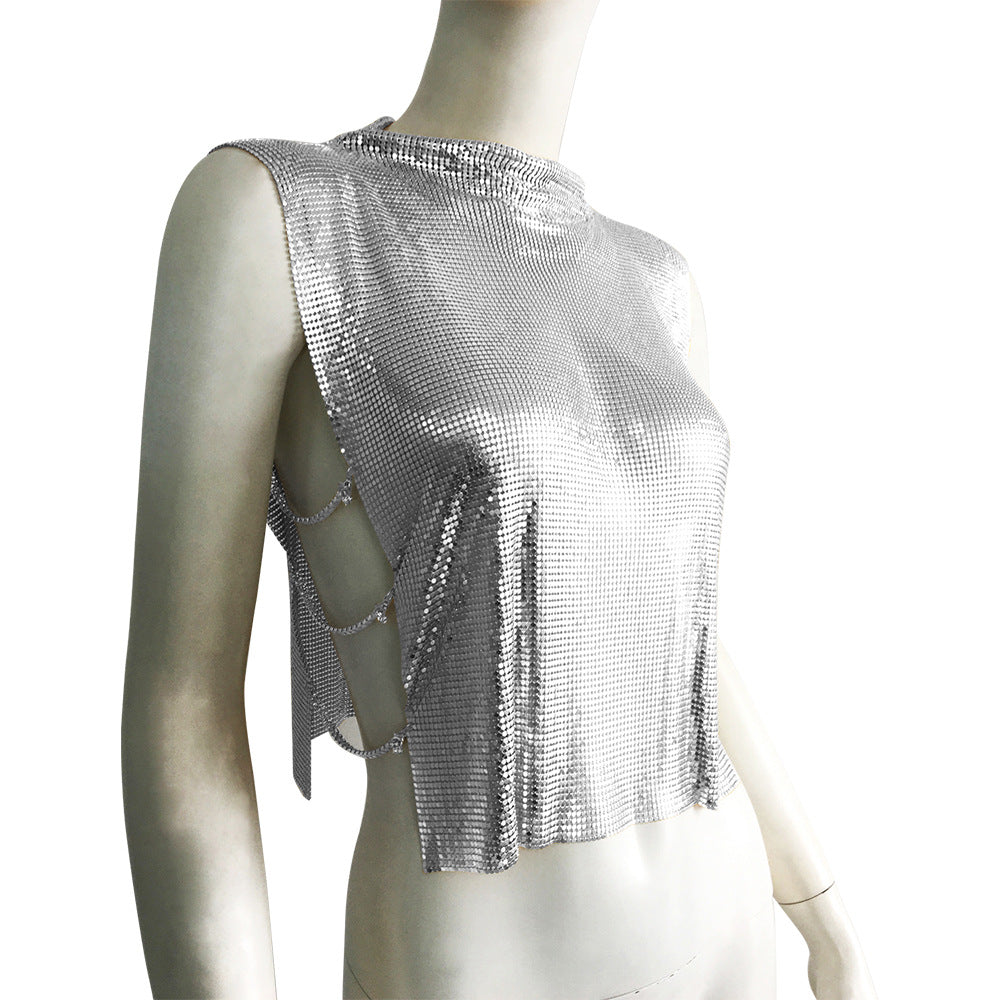 Women’s Crop Top – Metallic Sequin – Sleeveless Wide Shoulder – Loose Fit Party Wear
