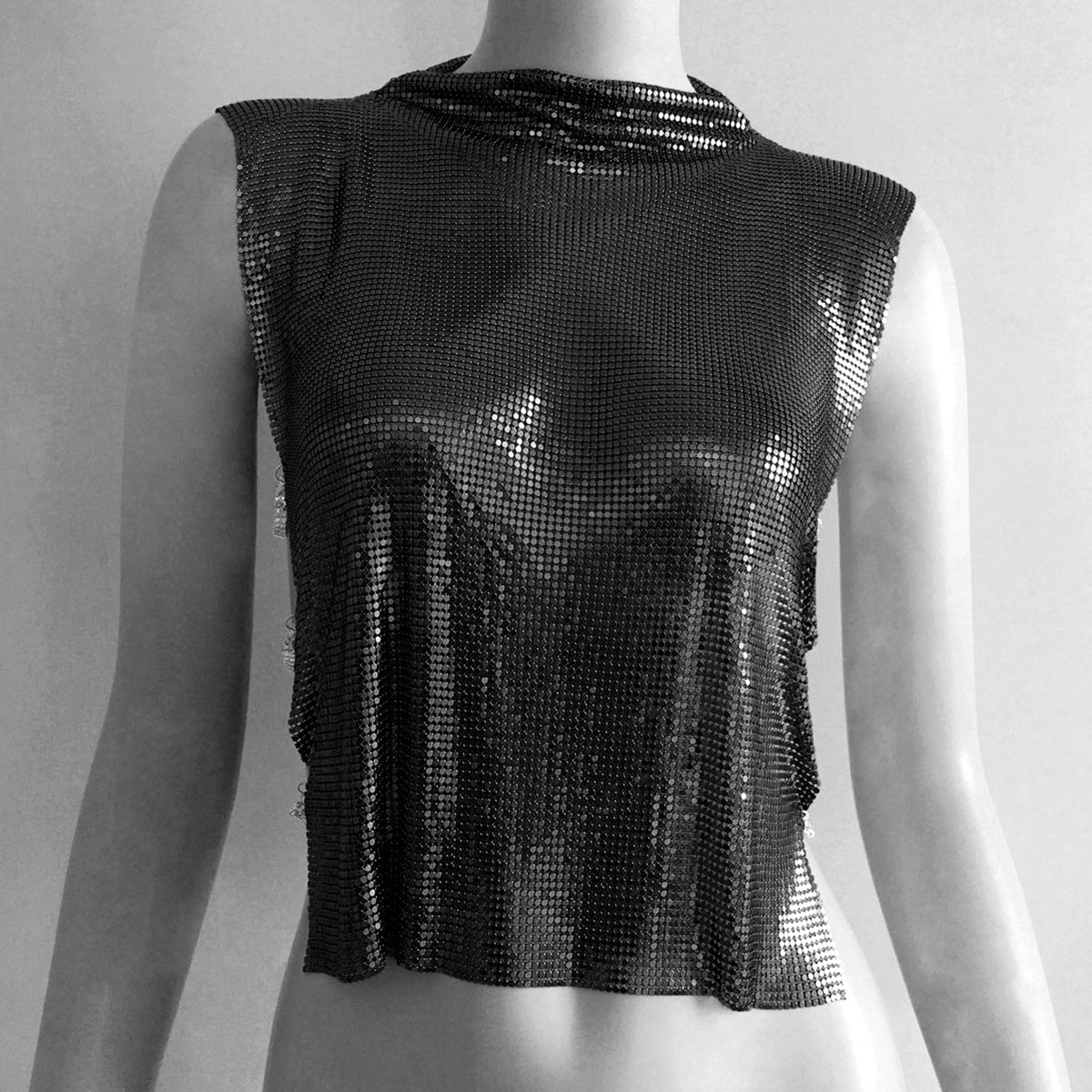 Women’s Crop Top – Metallic Sequin – Sleeveless Wide Shoulder – Loose Fit Party Wear