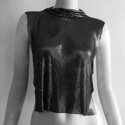 Women’s Crop Top – Metallic Sequin – Sleeveless Wide Shoulder – Loose Fit Party Wear