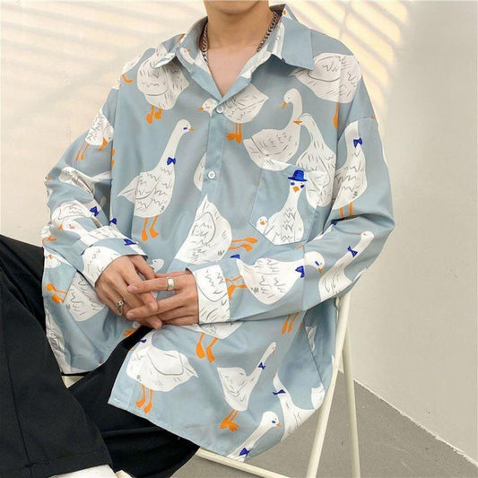 Men’s Button-Up Shirt - Relaxed Fit - Long Sleeve - Whimsical Duck Print