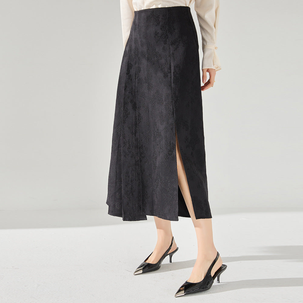Women's A-Line Skirt - High Waist - Mid-Calf Length - Elegant Jacquard Pattern
